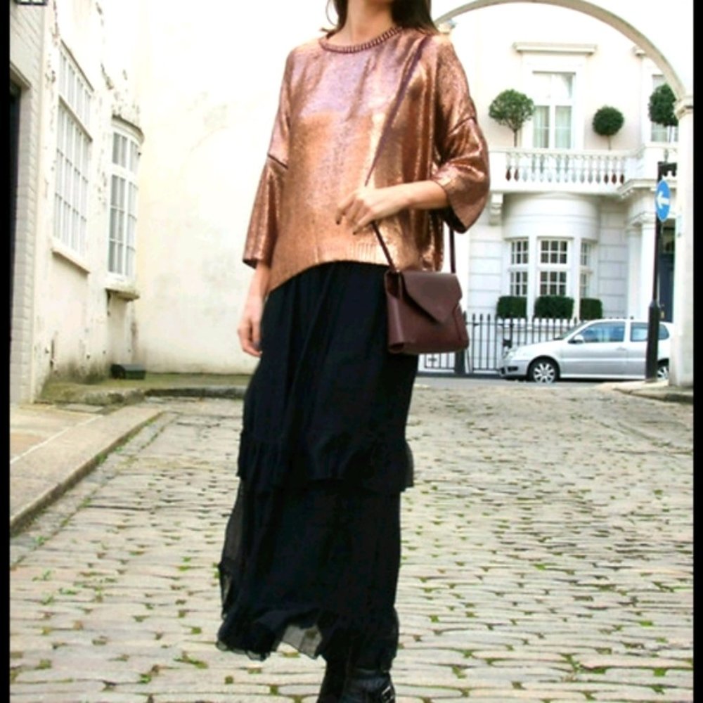 Linea Domani Metallic Rose Gold Foil Slouchy Sweater Pullover, Size Medium